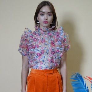 Floral ruffle top with puff sleeves, Sm